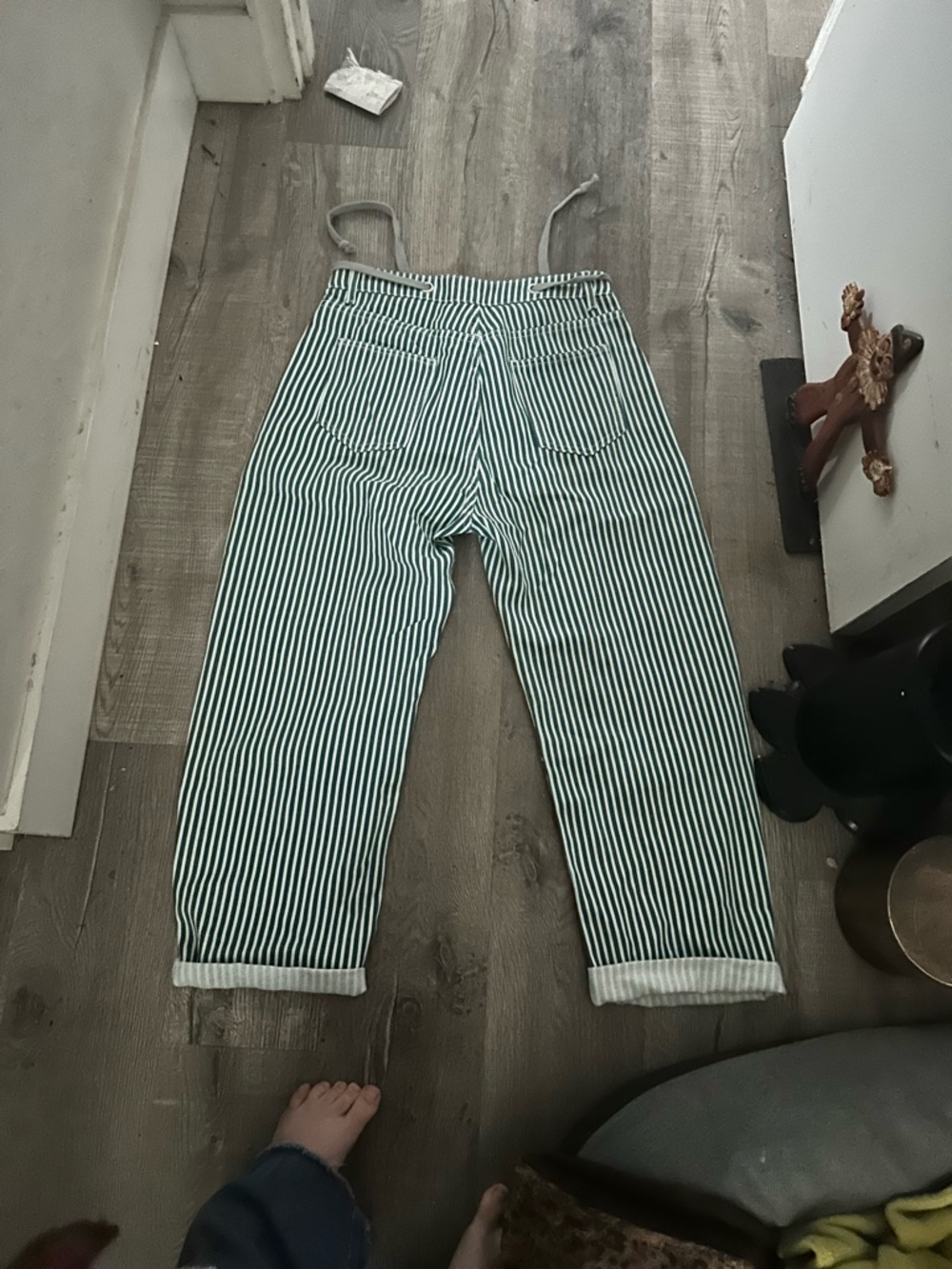 Striped High-Waist Relaxed Pants - Green & White